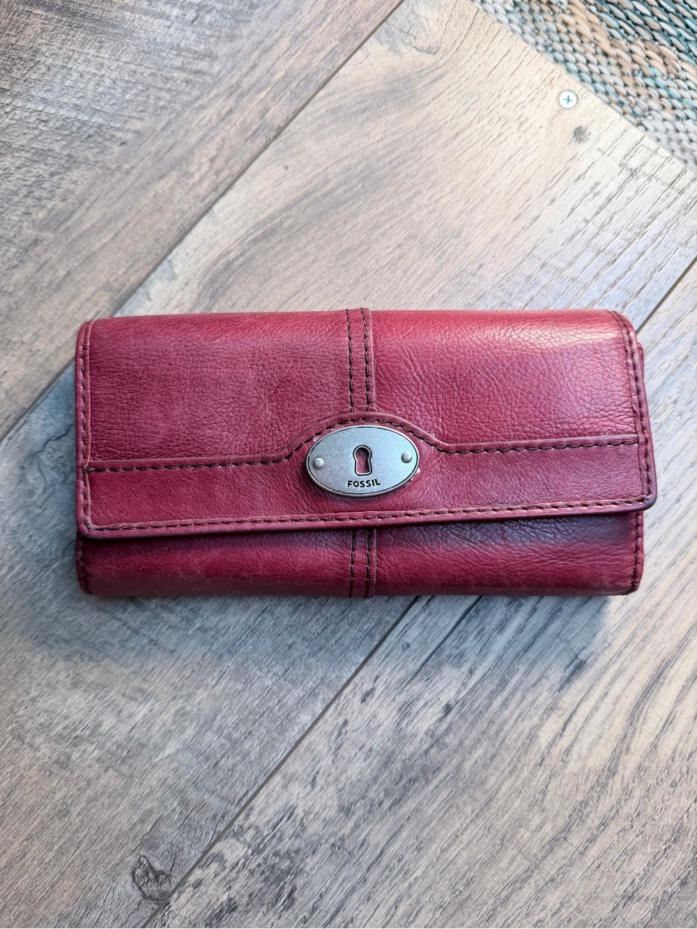 Fossil Burgundy Leather Fold Wallet with Metal Logo Plate